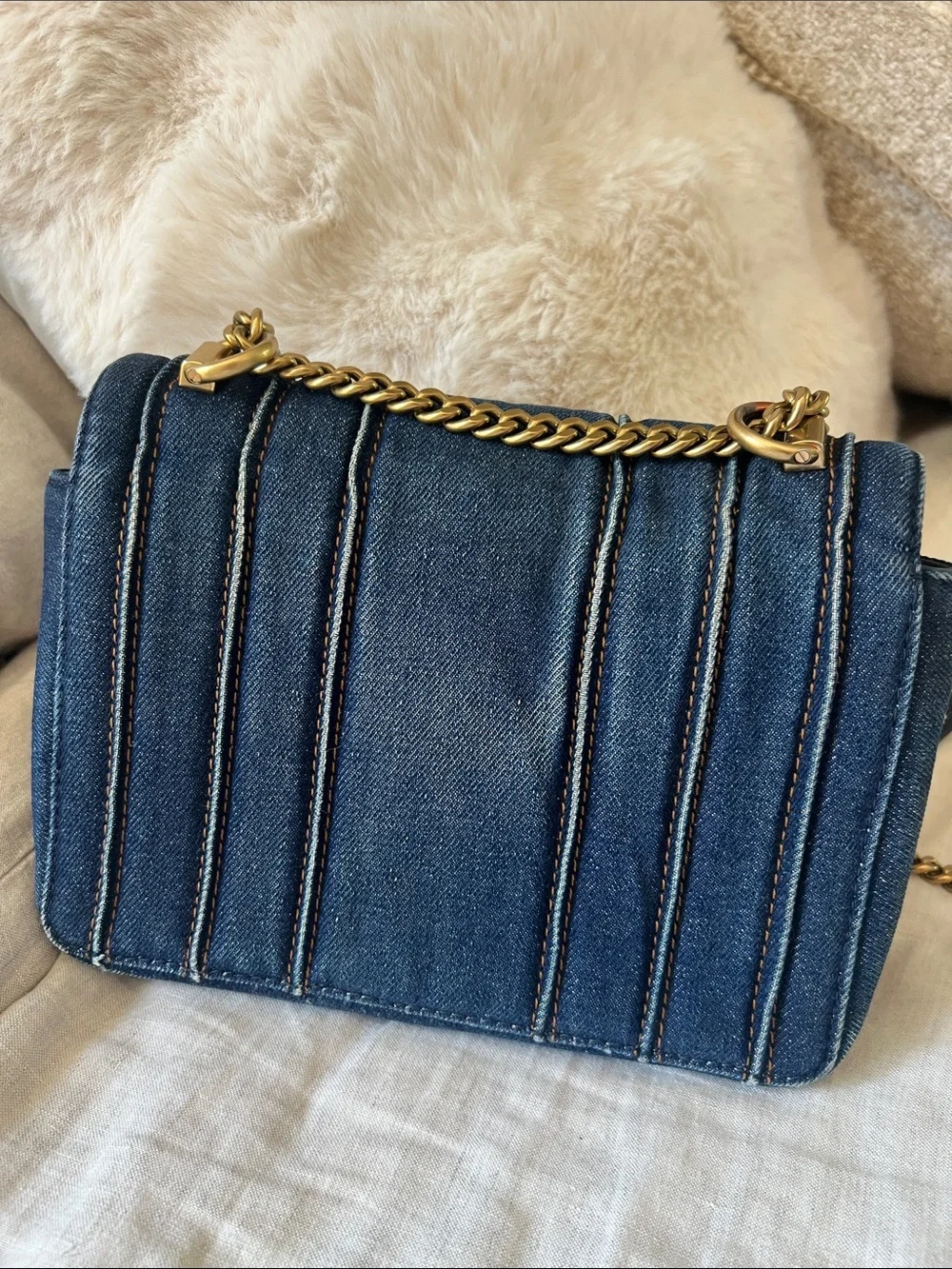 Denim Quilted Crossbody Bag with Gold Logo Tory Burch